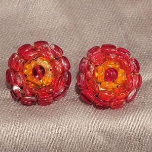 Made In Western Germany Vtg Clipon Earrings Gold Tone, Red Beaded Cluster Signed